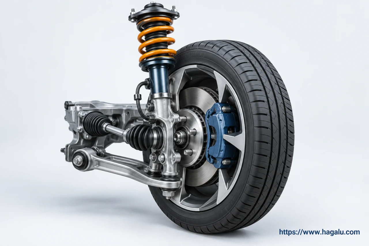 Wheel-corner cutaway showing a tyre, brake disc, caliper, spring and damper. Simplified Hagalu educational illustration.