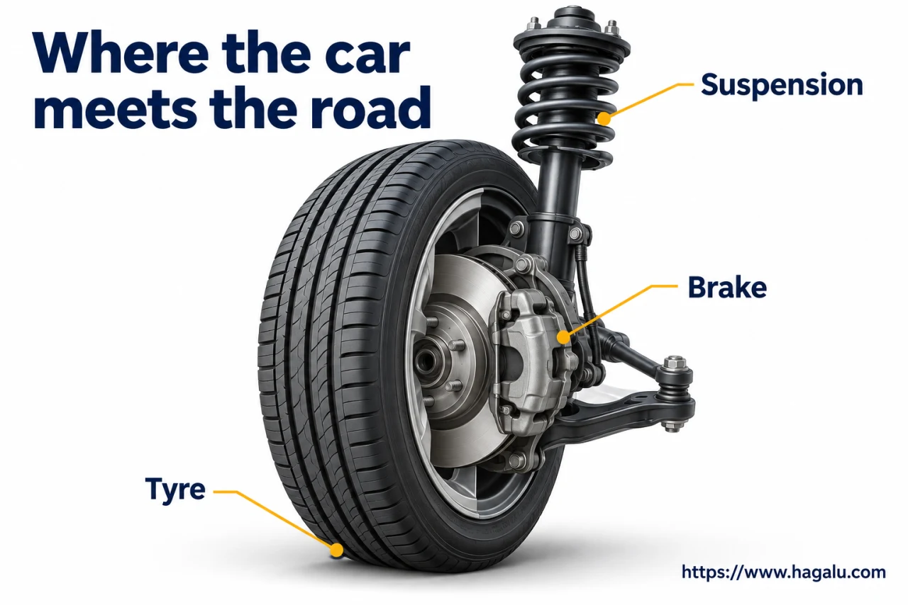 The tyre touches the road; the wheel, brake and suspension connect that contact to the body. Simplified Hagalu educational illustration.