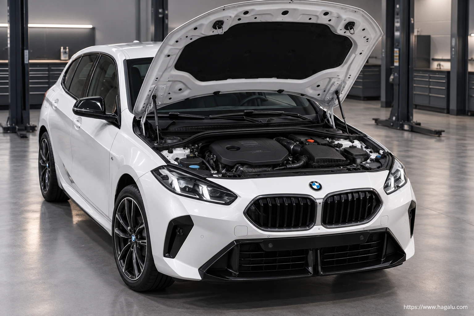 BMW 1 Series open bonnet and powertrain bay showing the under-bonnet layout in South Africa