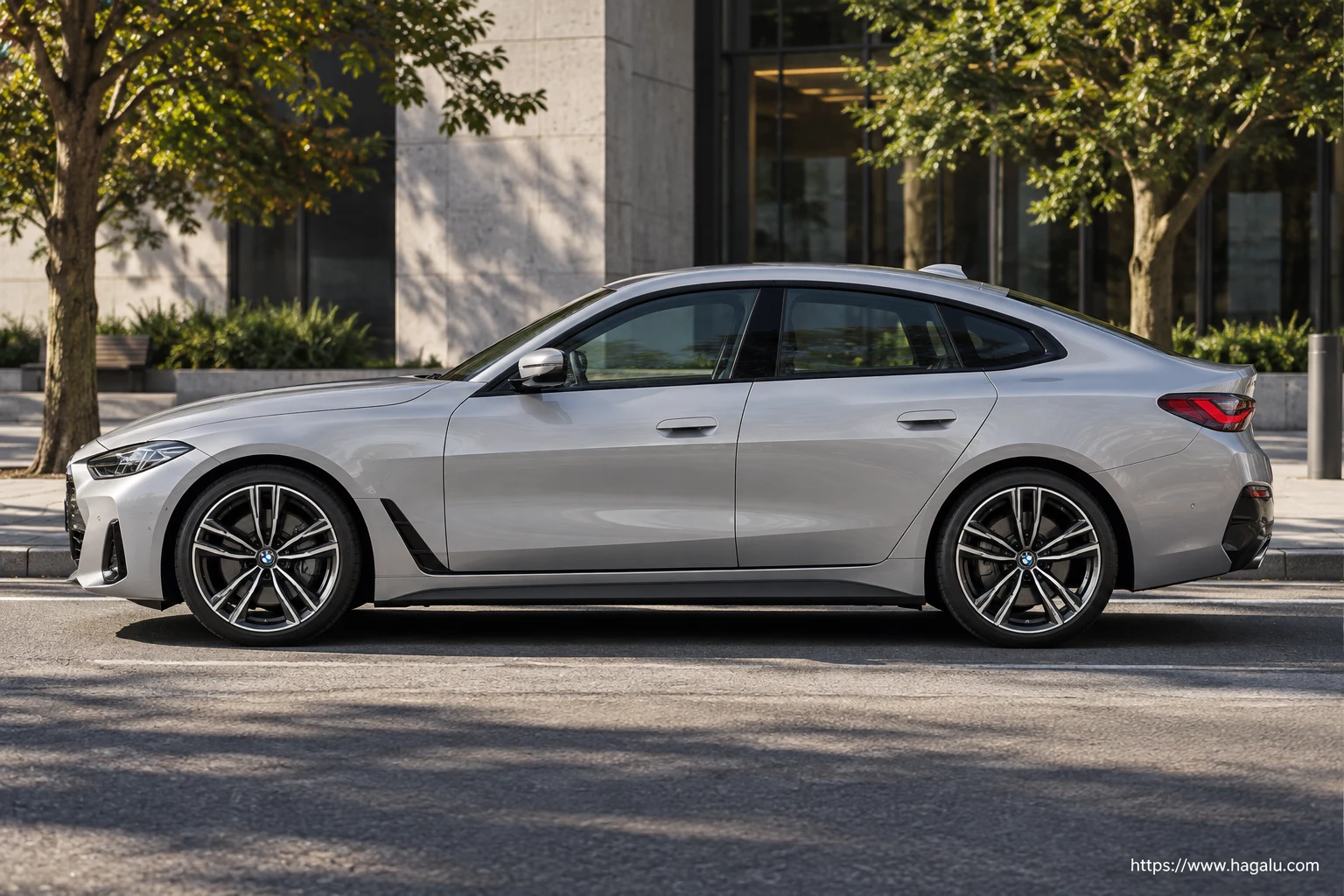 BMW 4 Series Gran Coupé full side profile showing the roofline, doors and wheel design in South Africa