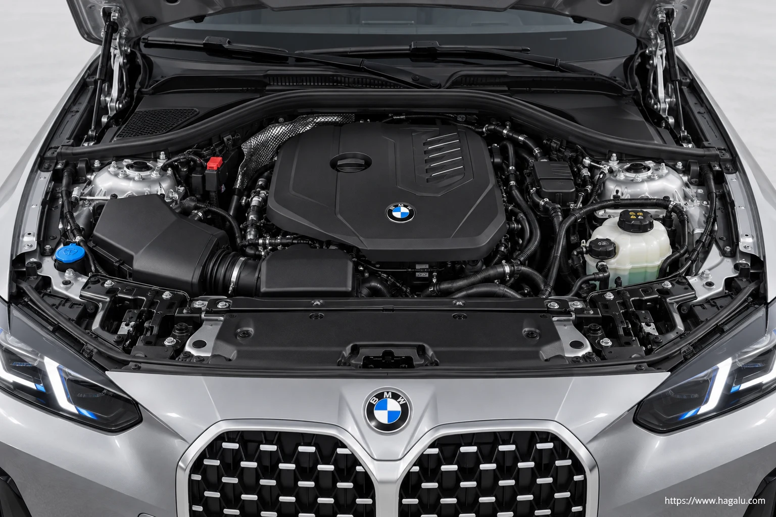 BMW 4 Series Gran Coupé open bonnet and powertrain bay showing the under-bonnet layout in South Africa