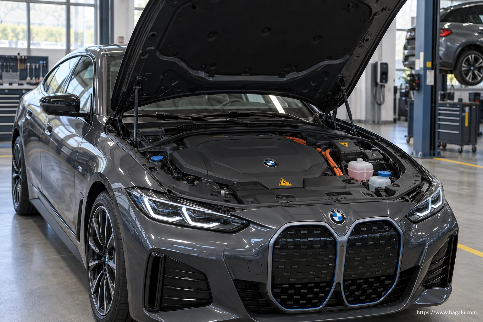 BMW i4 open-bonnet view of the covered electric service area and high-voltage context in South Africa
