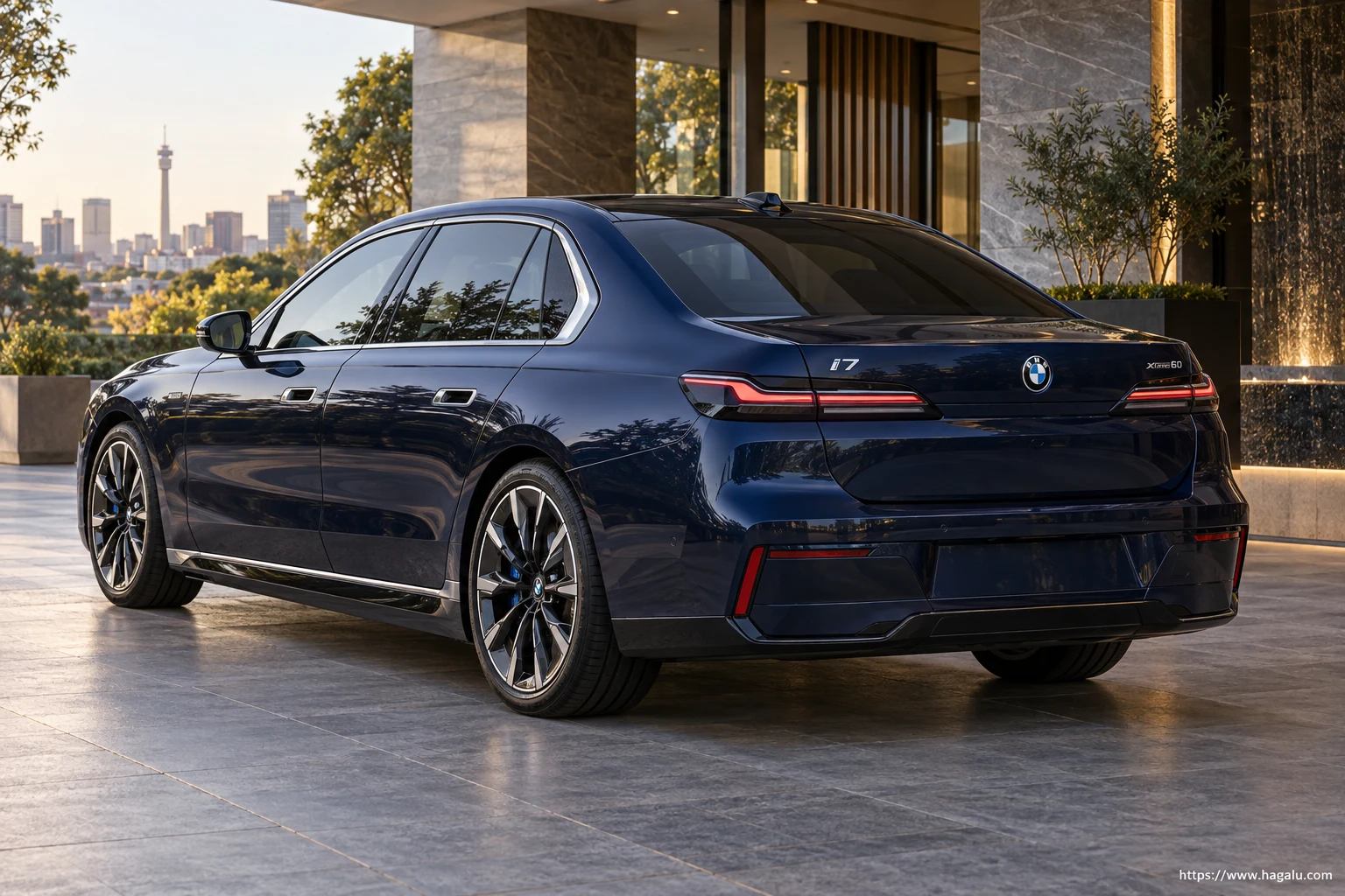 BMW i7 rear three-quarter exterior showing the taillights, tailgate and rear design in South Africa