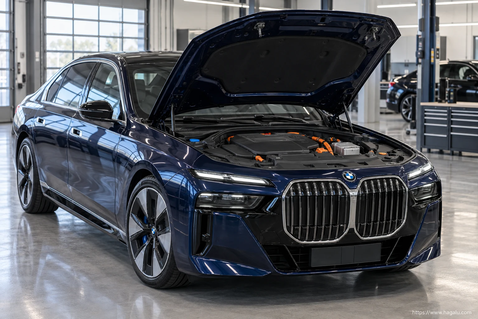 BMW i7 open-bonnet view of the covered electric service area and high-voltage context in South Africa