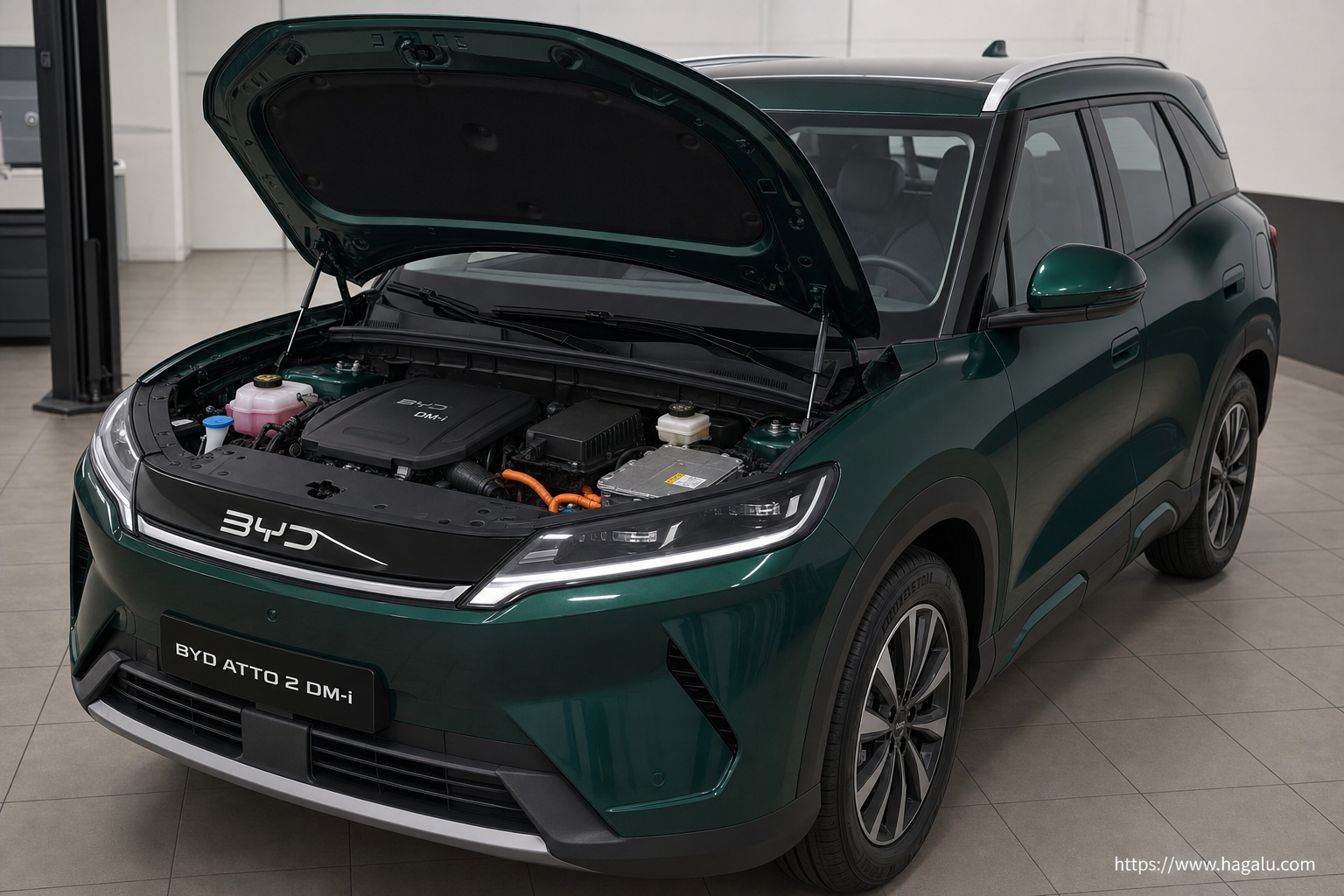 BYD ATTO 2 DM-i open bonnet and powertrain bay showing the under-bonnet layout in South Africa