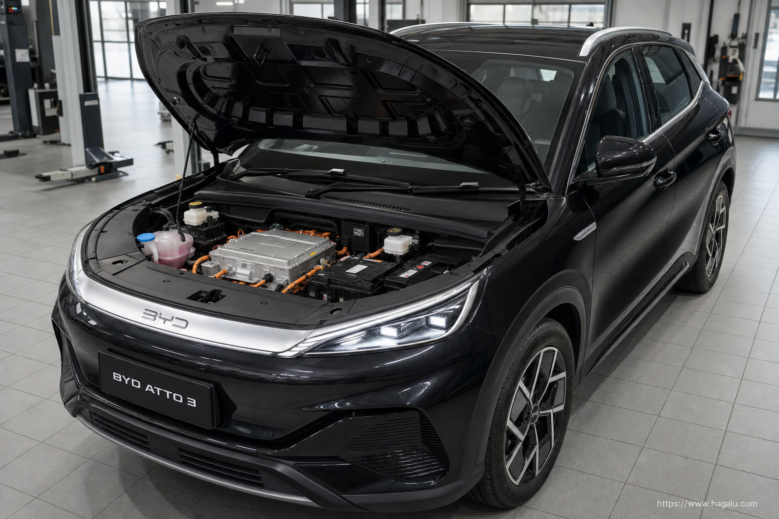 BYD ATTO 3 open bonnet and powertrain bay showing the under-bonnet layout in South Africa