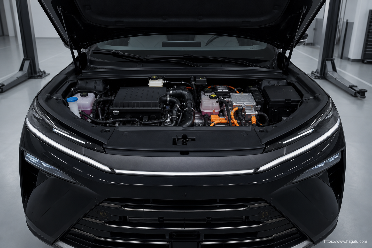 BYD ATTO 8 open bonnet and powertrain bay showing the under-bonnet layout in South Africa