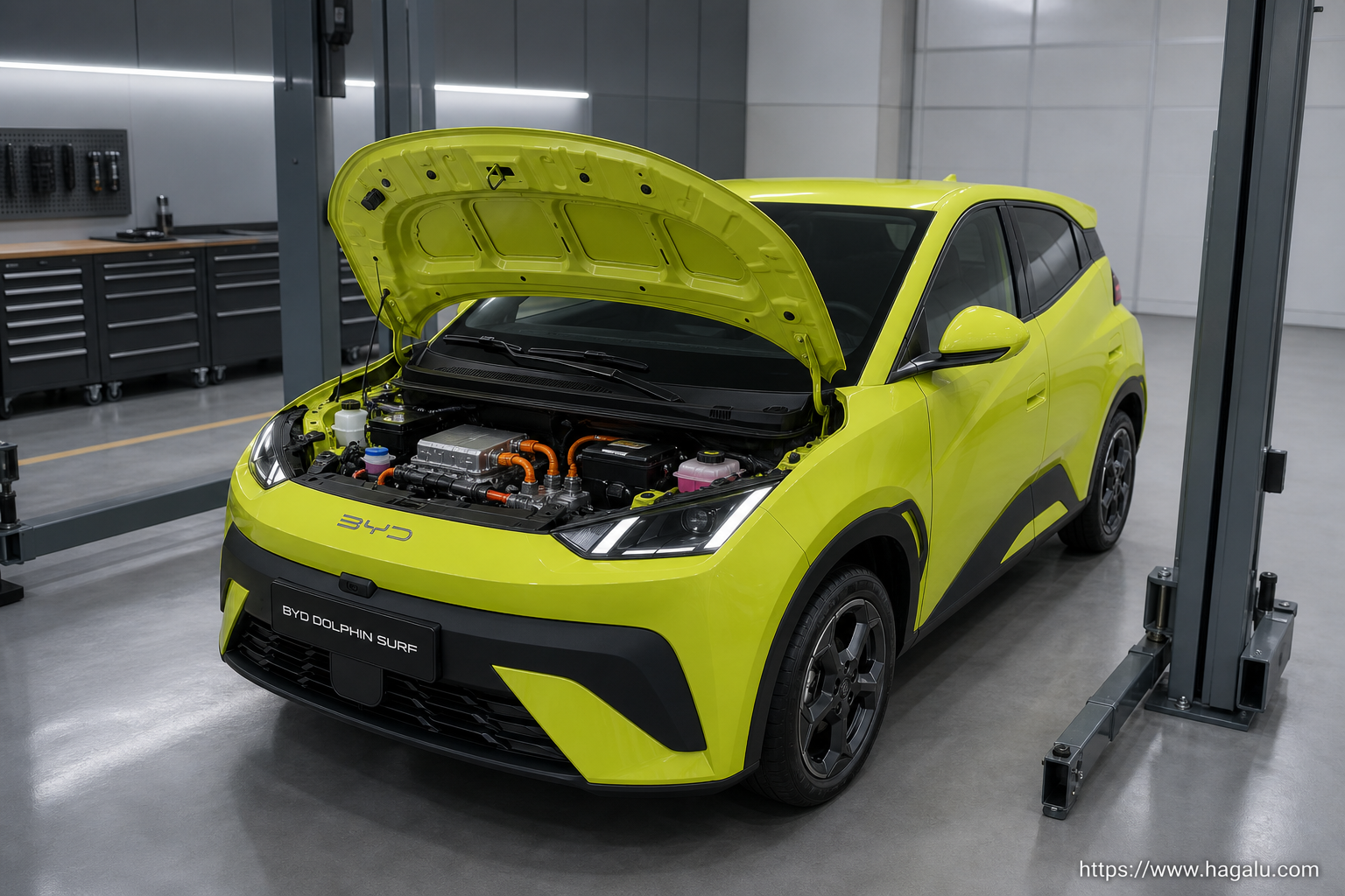 BYD DOLPHIN SURF open bonnet and powertrain bay showing the under-bonnet layout in South Africa