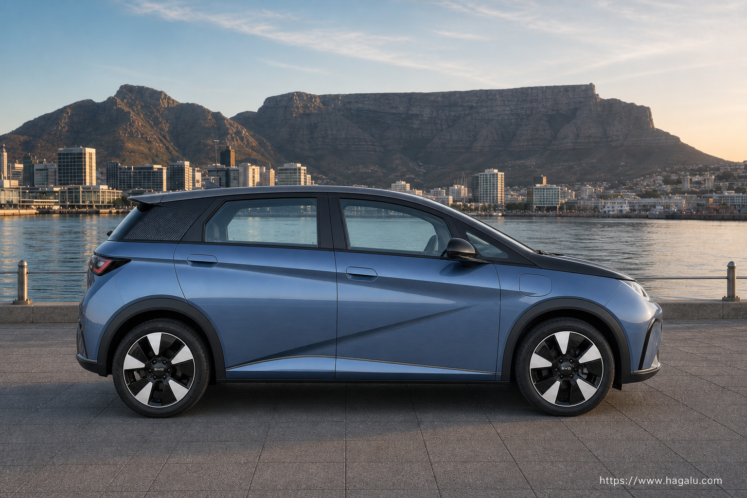 BYD DOLPHIN full side profile showing the roofline, doors and wheel design in South Africa
