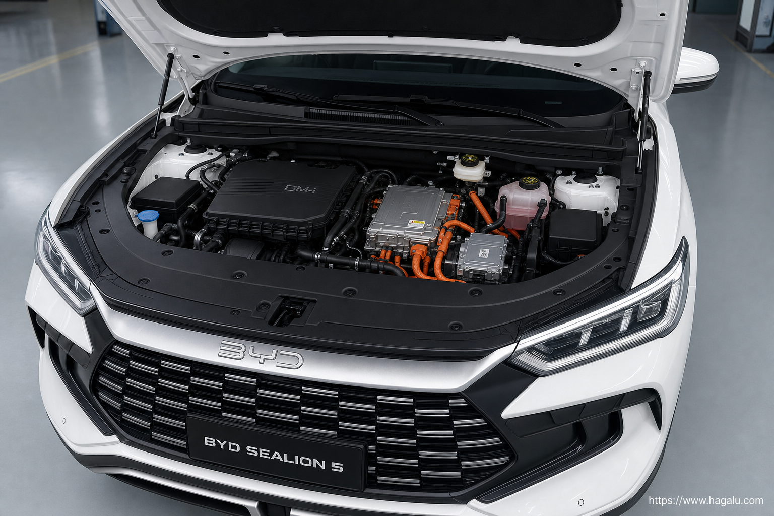 BYD SEALION 5 DM-i open bonnet and powertrain bay showing the under-bonnet layout in South Africa