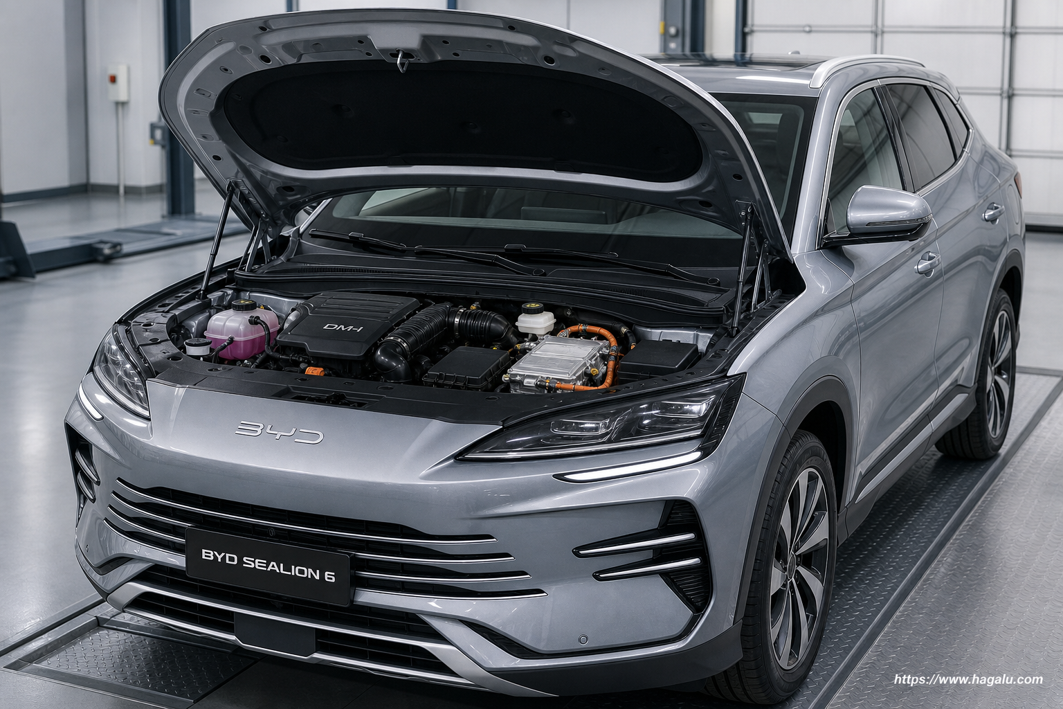 BYD SEALION 6 DM-i open bonnet and powertrain bay showing the under-bonnet layout in South Africa