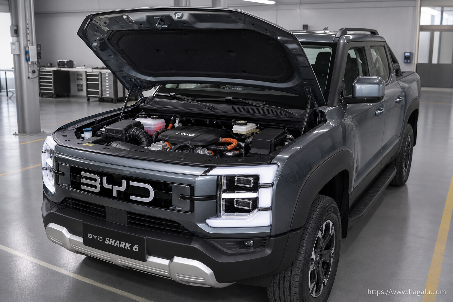 BYD SHARK 6 DMO open bonnet and powertrain bay showing the under-bonnet layout in South Africa
