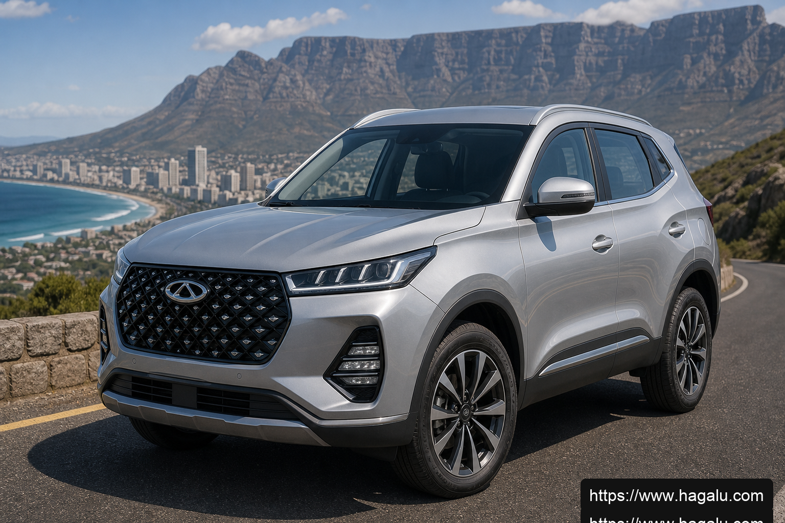 Chery Tiggo 7 PHEV front three-quarter exterior showing the grille, headlights and body design in South Africa