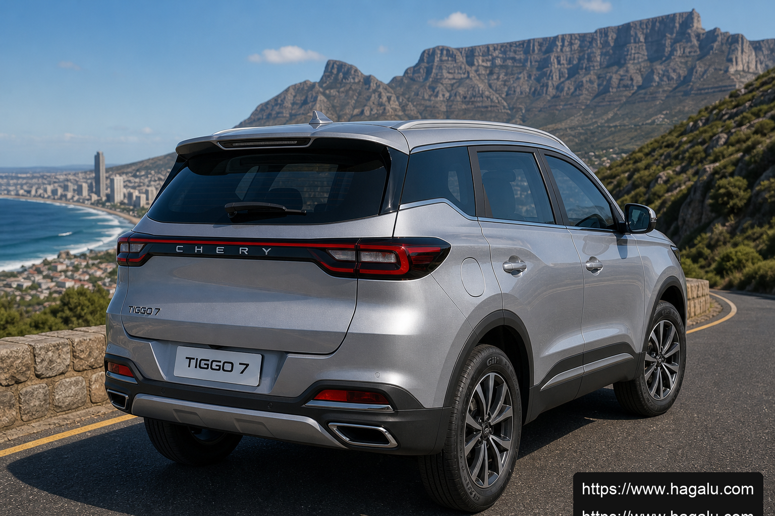 Chery Tiggo 7 PHEV rear three-quarter exterior showing the taillights, tailgate and rear design in South Africa