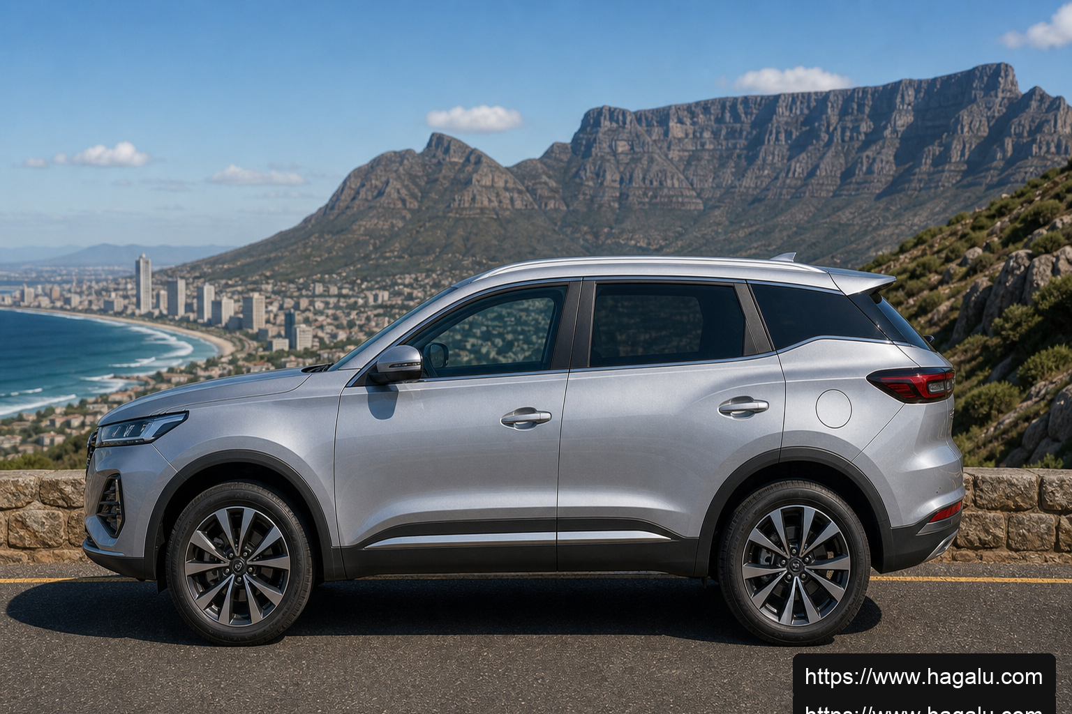 Chery Tiggo 7 PHEV full side profile showing the roofline, doors and wheel design in South Africa