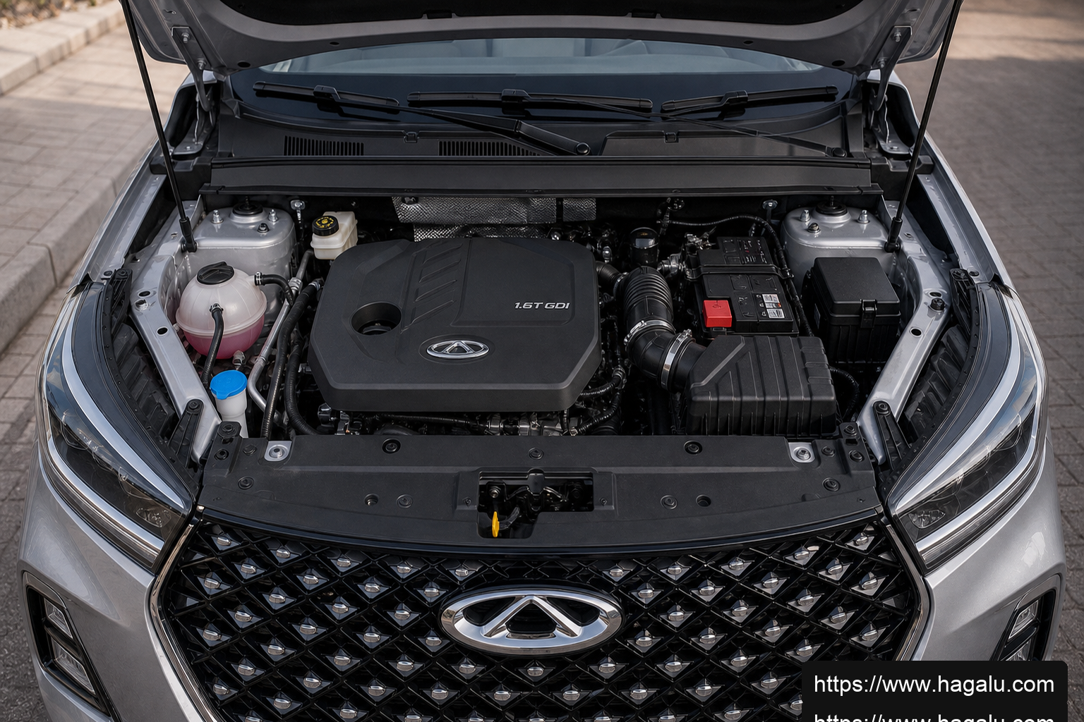 Chery Tiggo 7 PHEV open bonnet and powertrain bay showing the under-bonnet layout in South Africa