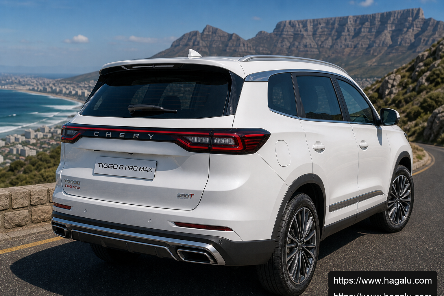 Chery Tiggo 8 Pro Max rear three-quarter exterior showing the taillights, tailgate and rear design in South Africa
