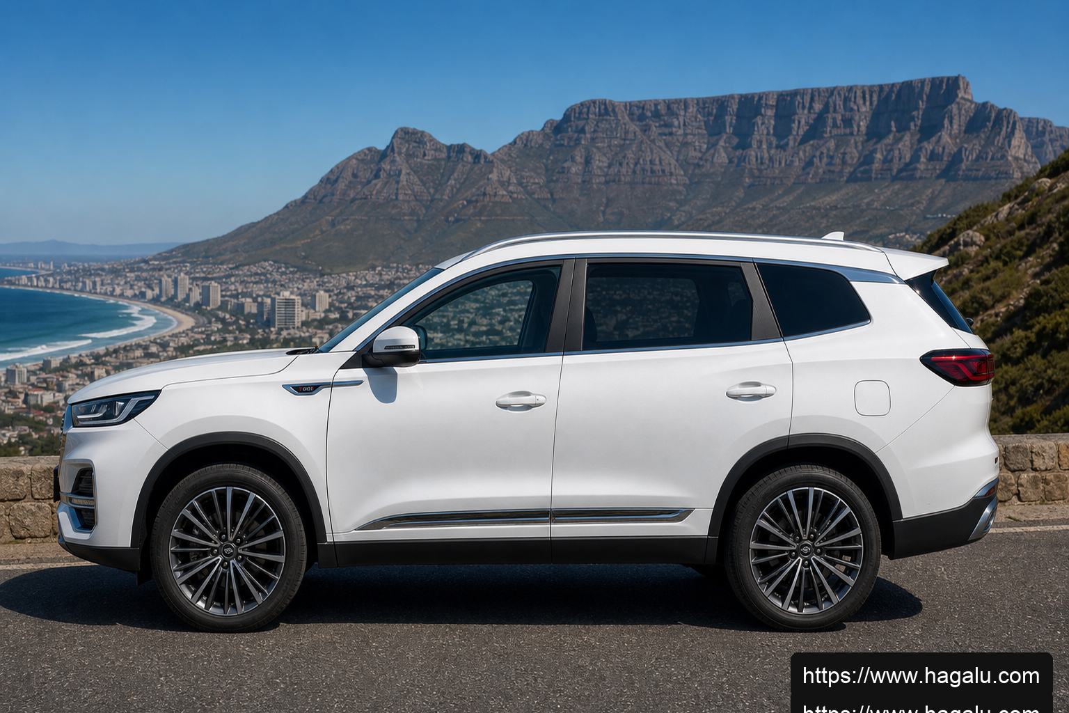 Chery Tiggo 8 Pro Max full side profile showing the roofline, doors and wheel design in South Africa
