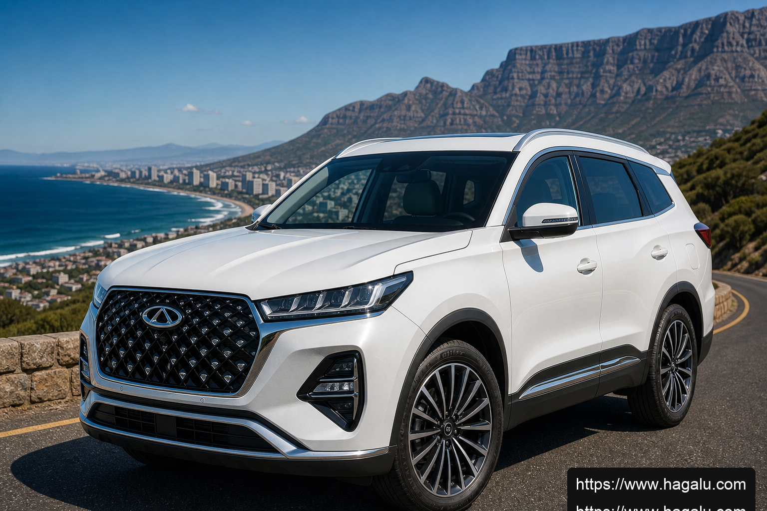 Chery Tiggo 8 Pro front three-quarter exterior showing the grille, headlights and body design in South Africa