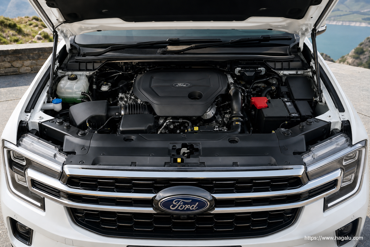 Ford Everest open bonnet and powertrain bay showing the under-bonnet layout in South Africa