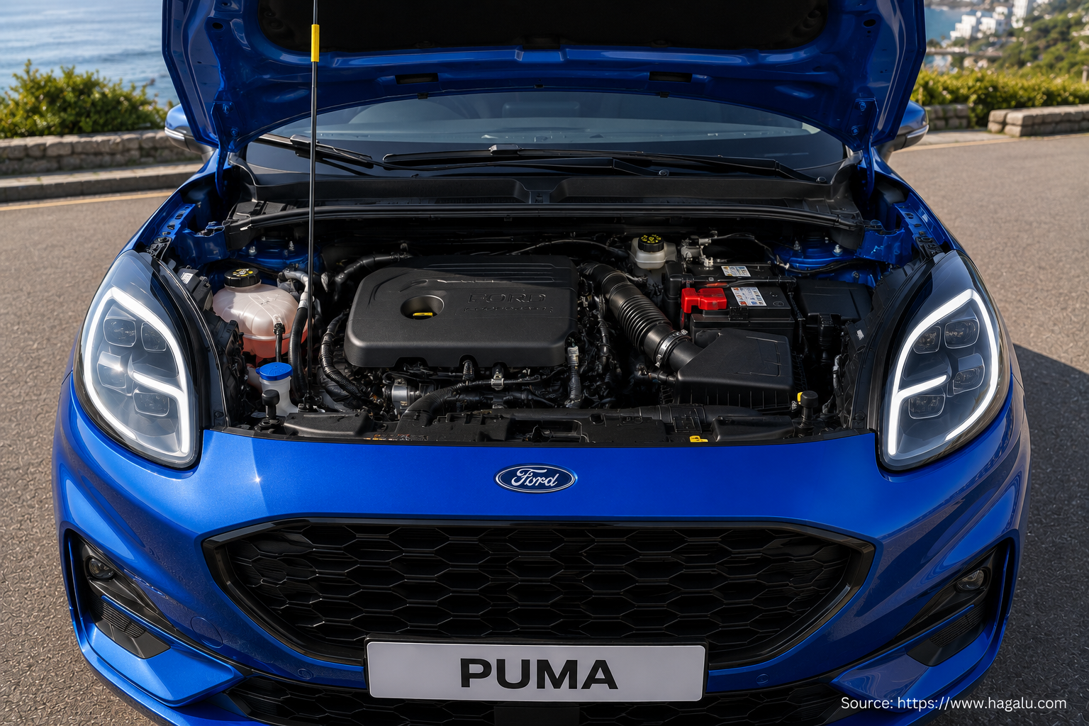 Ford Puma open bonnet and powertrain bay showing the under-bonnet layout in South Africa