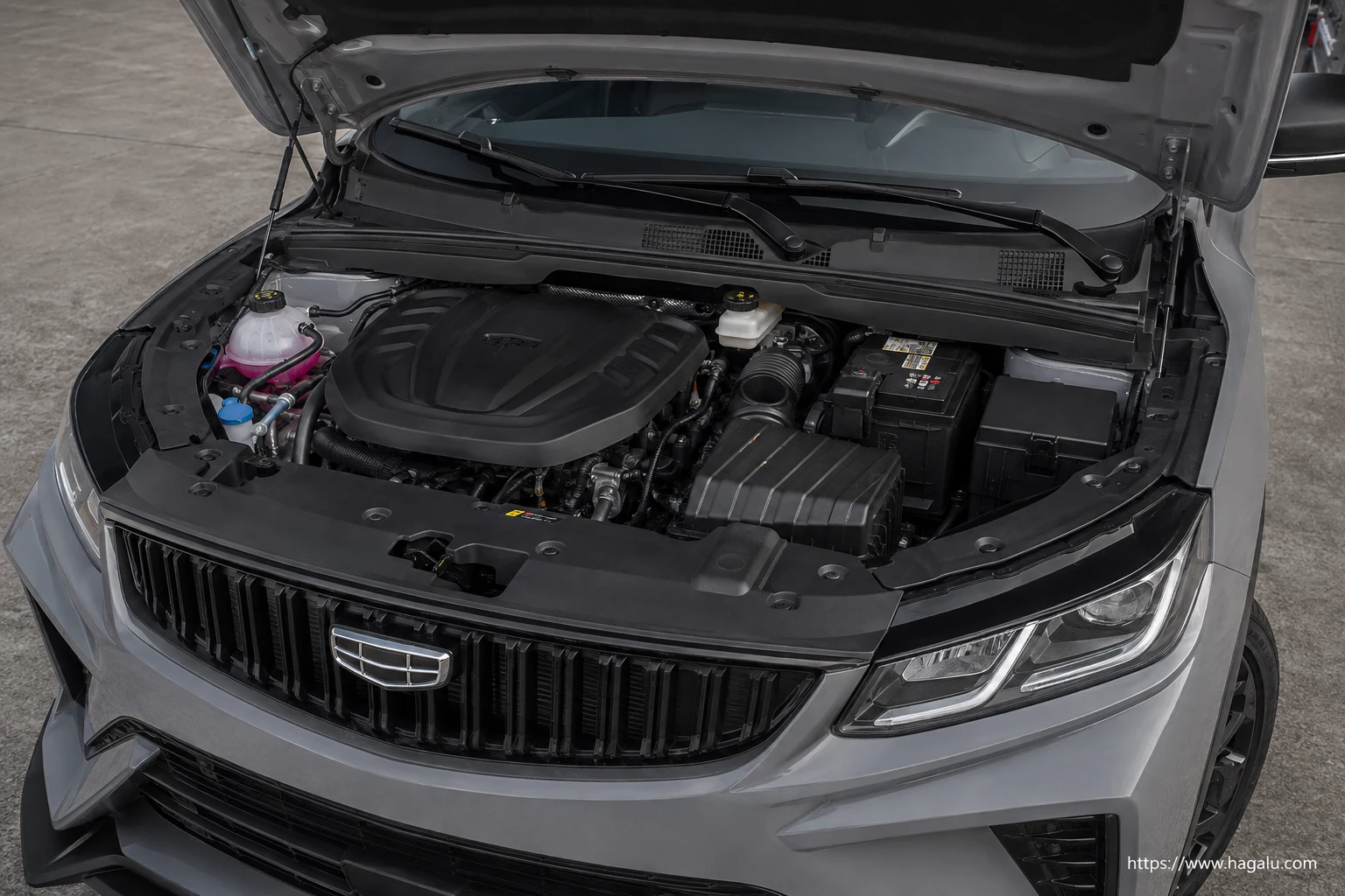 Geely Coolray open bonnet and powertrain bay showing the under-bonnet layout in South Africa