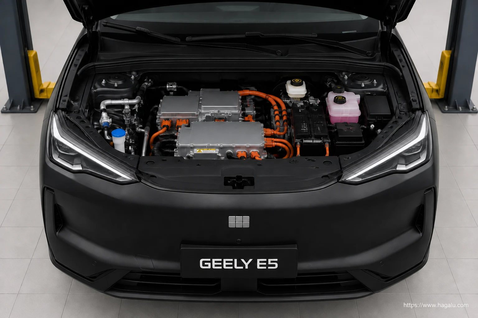 Geely E5 Electric open bonnet and powertrain bay showing the under-bonnet layout in South Africa