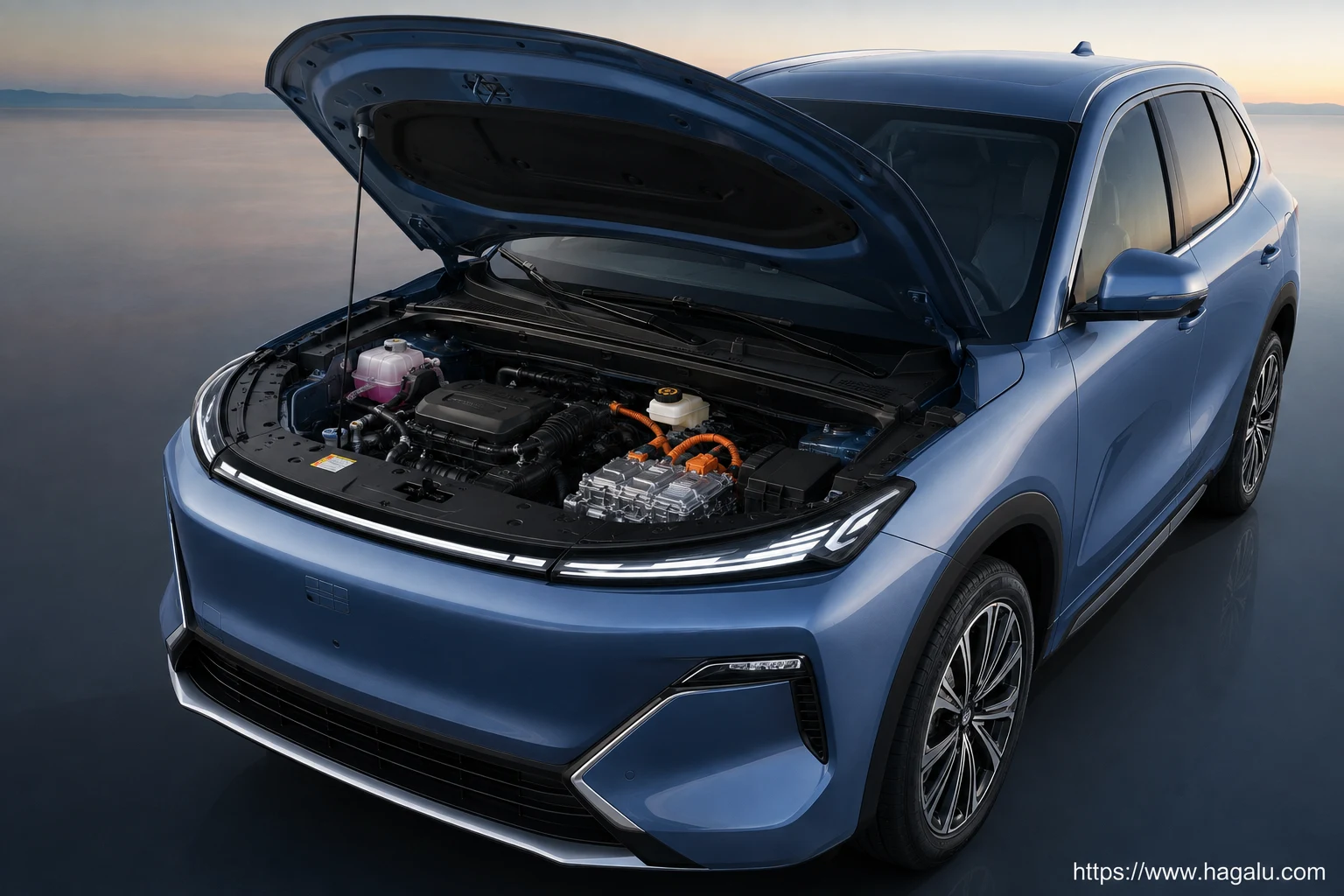 Geely E5 EM-i open bonnet and powertrain bay showing the under-bonnet layout in South Africa