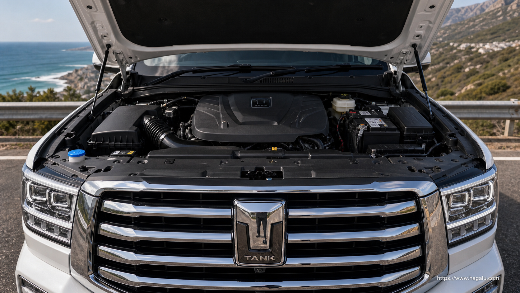 GWM Tank 500 open bonnet and powertrain bay showing the under-bonnet layout in South Africa