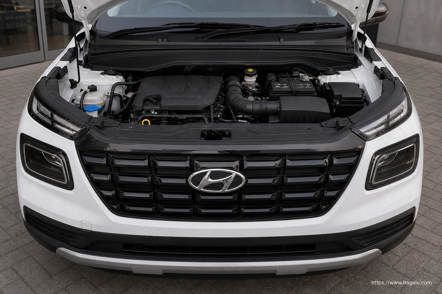 Hyundai Venue Cargo open bonnet and powertrain bay showing the under-bonnet layout in South Africa