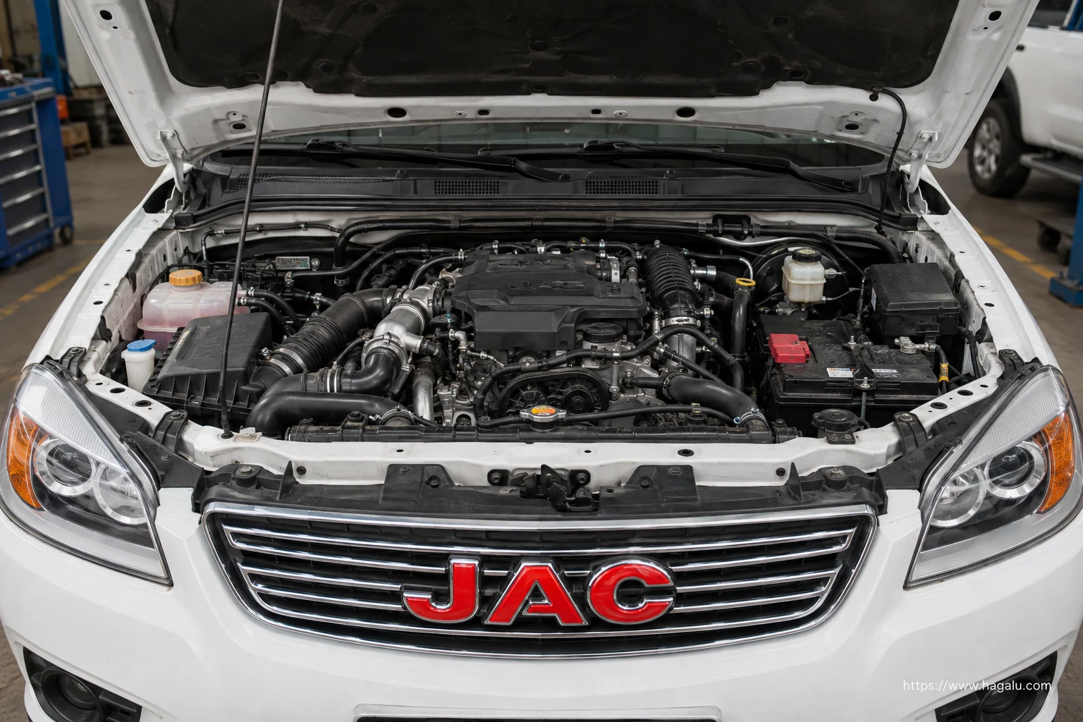 JAC T6 Single Cab open bonnet and powertrain bay showing the under-bonnet layout in South Africa