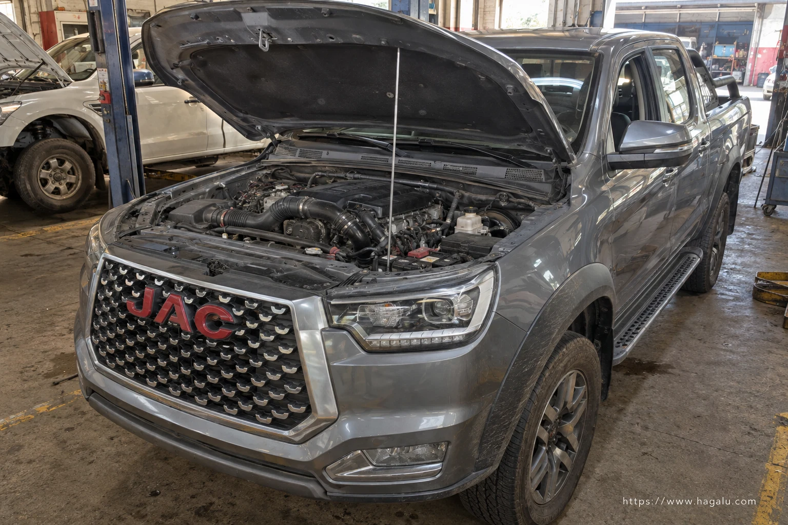 JAC T8 Double Cab open bonnet and powertrain bay showing the under-bonnet layout in South Africa