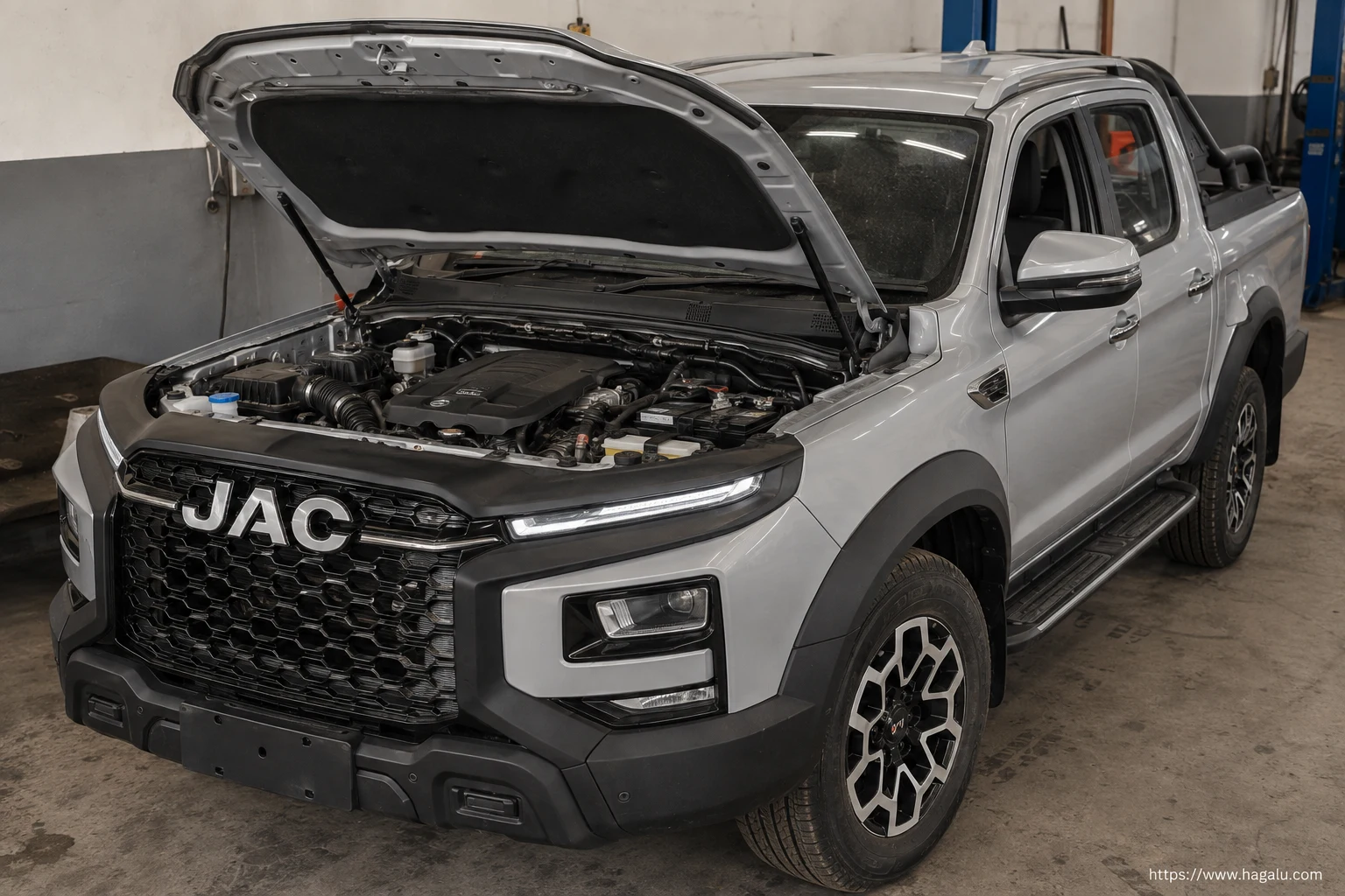 JAC T9 Double Cab open bonnet and powertrain bay showing the under-bonnet layout in South Africa