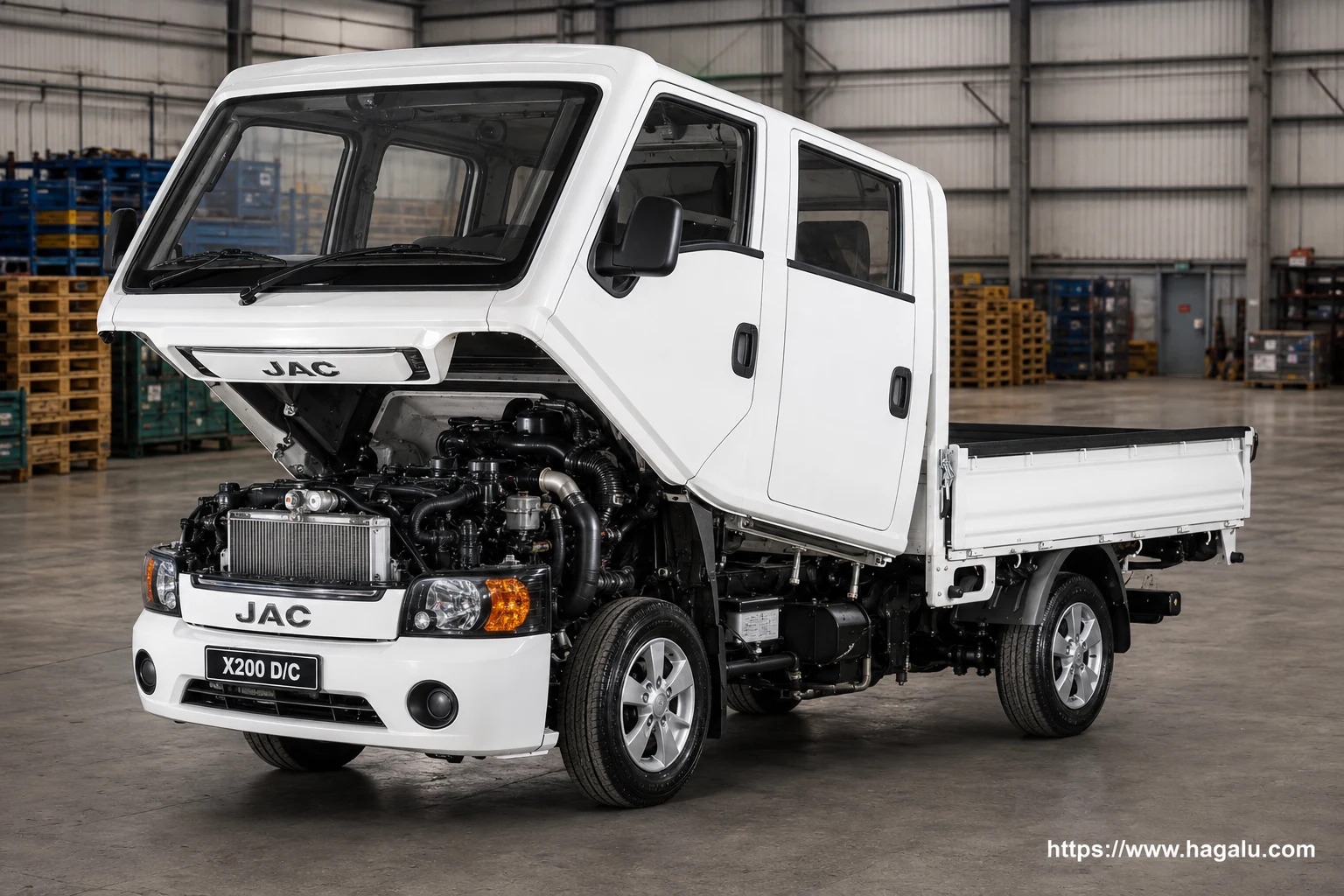 JAC X200 Double Cab open bonnet and powertrain bay showing the under-bonnet layout in South Africa