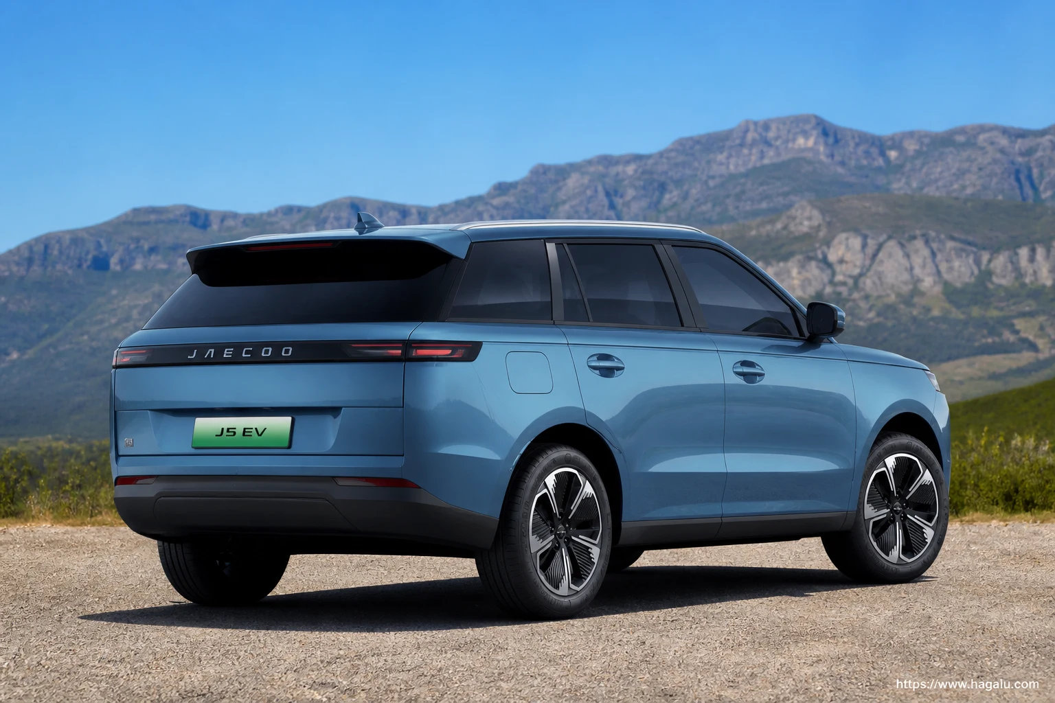 Jaecoo J5 EV rear three-quarter exterior showing the taillights, tailgate and rear design in South Africa