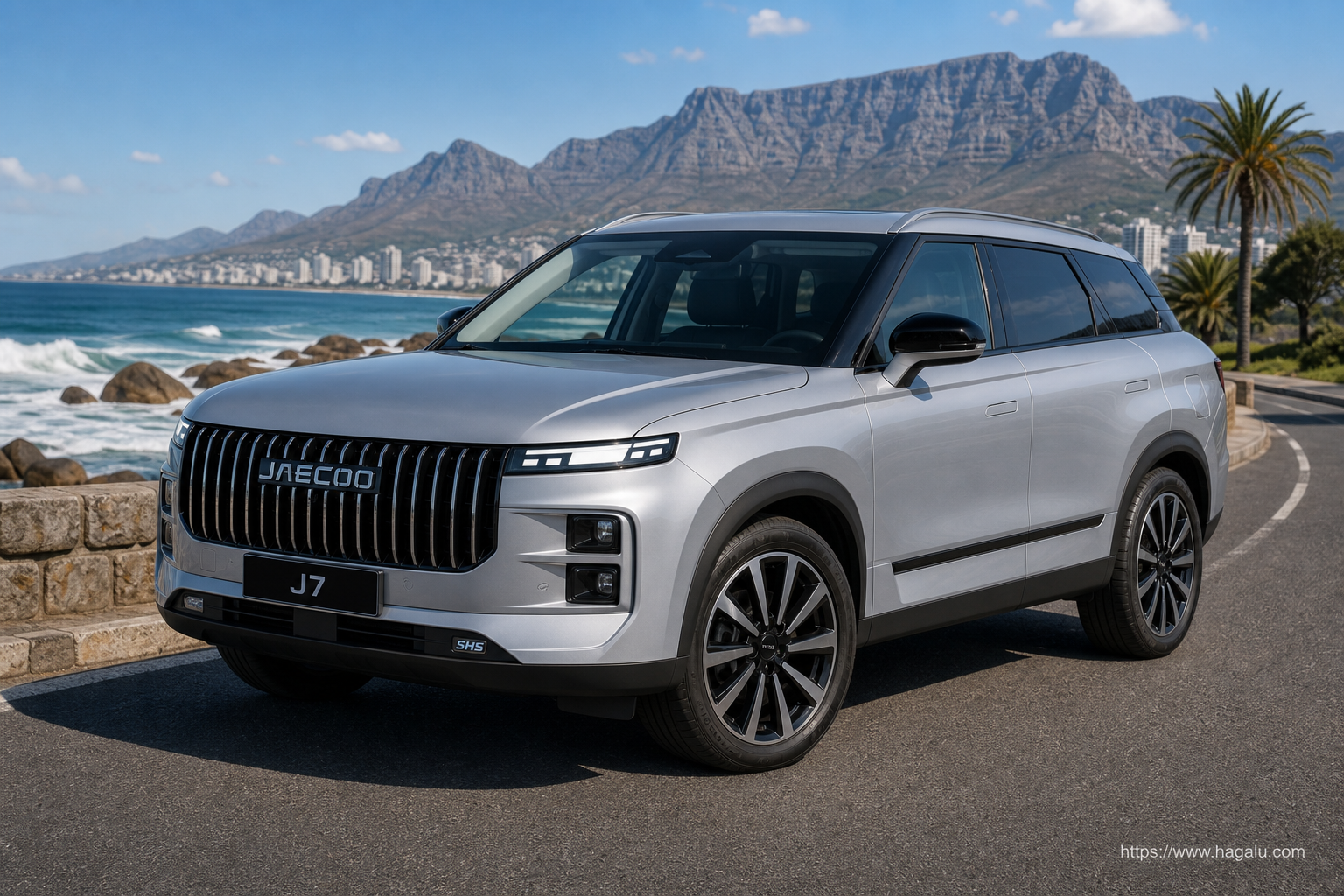 Jaecoo J7 SHS front three-quarter exterior showing the grille, headlights and body design in South Africa