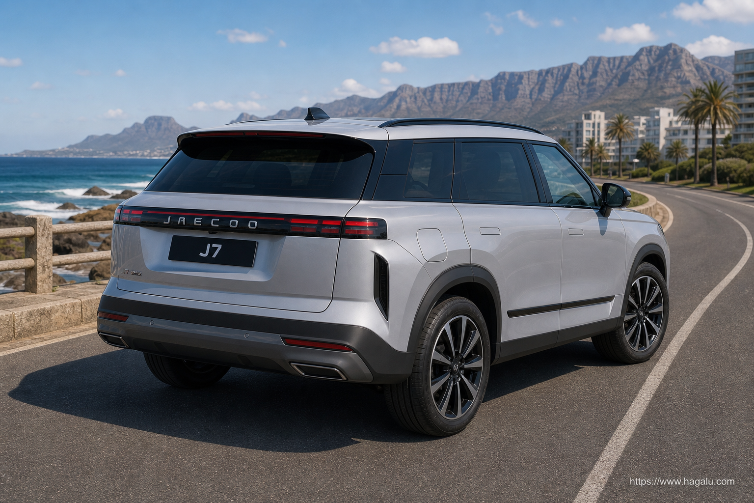Jaecoo J7 SHS rear three-quarter exterior showing the taillights, tailgate and rear design in South Africa