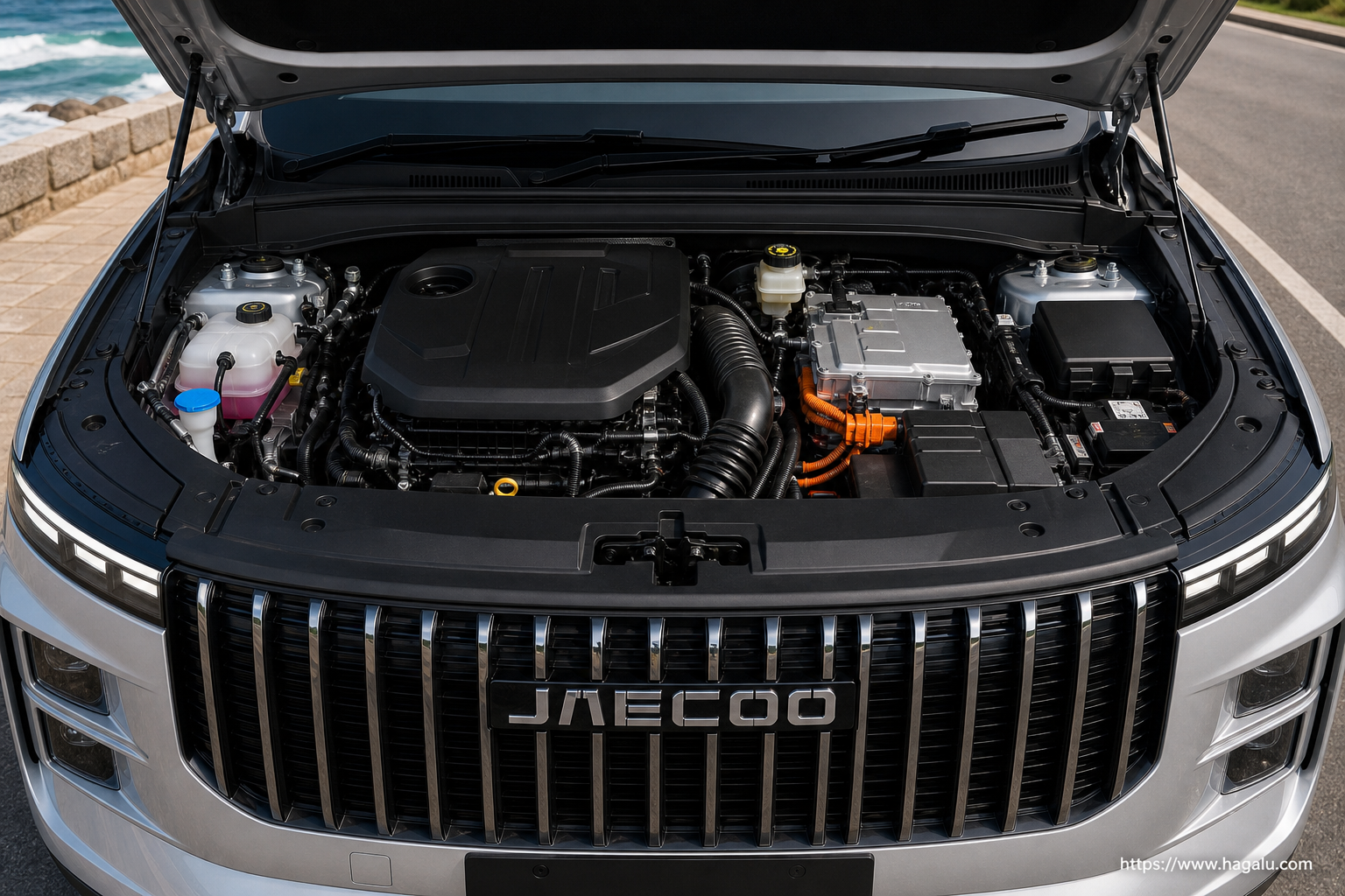 Jaecoo J7 SHS open bonnet and powertrain bay showing the under-bonnet layout in South Africa