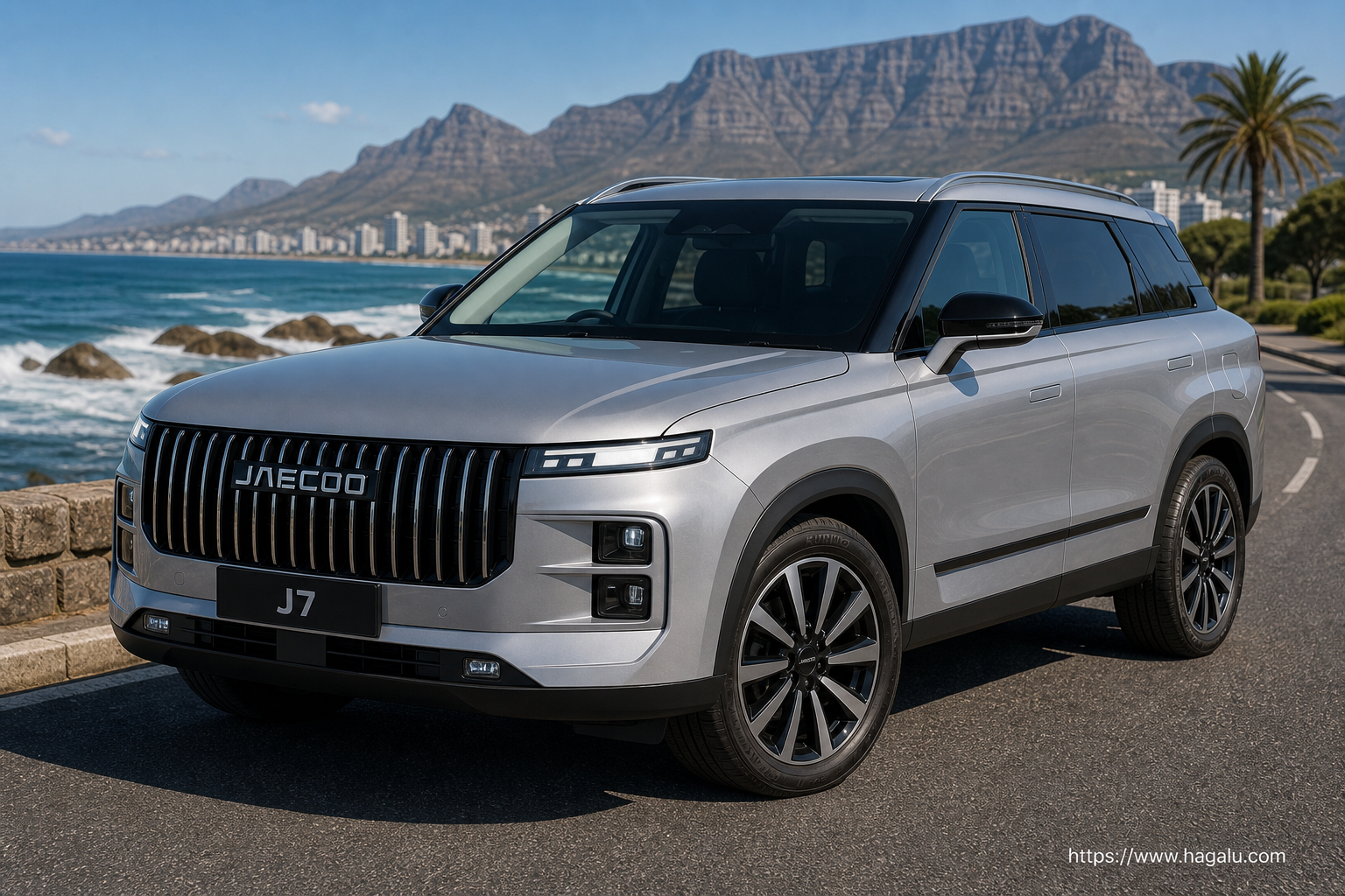 Jaecoo J7 front three-quarter exterior showing the grille, headlights and body design in South Africa