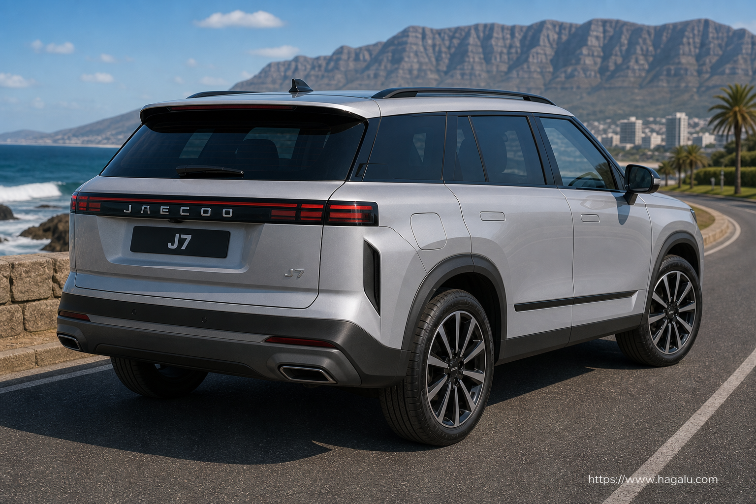 Jaecoo J7 rear three-quarter exterior showing the taillights, tailgate and rear design in South Africa
