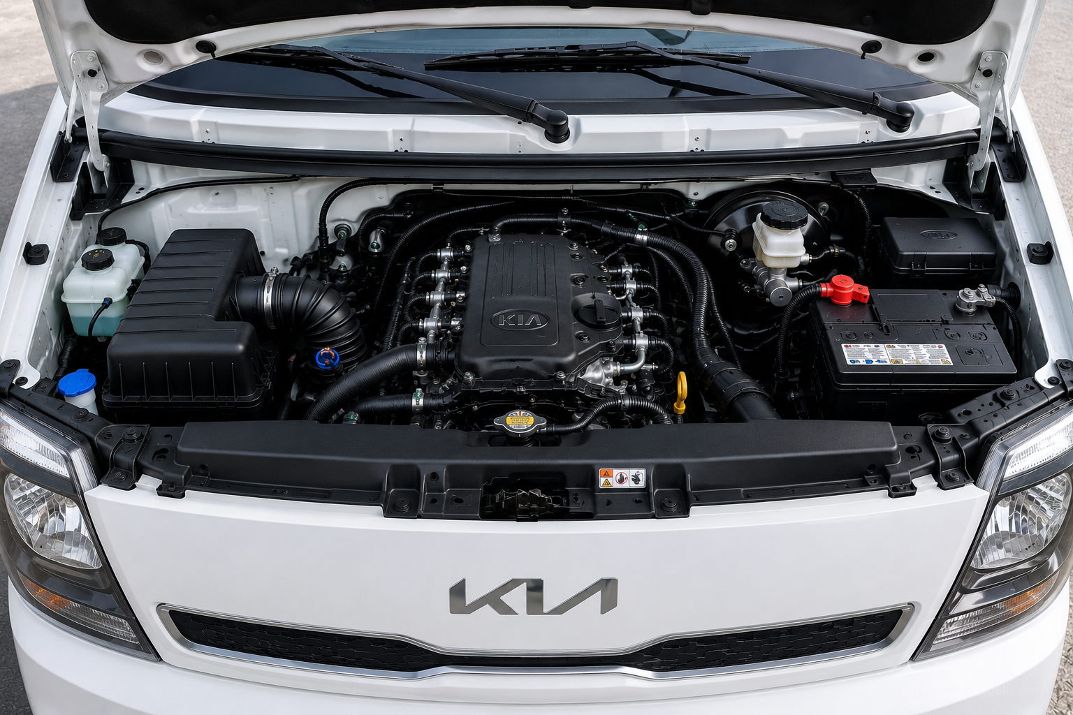 KIA K2500 open bonnet and powertrain bay showing the under-bonnet layout in South Africa