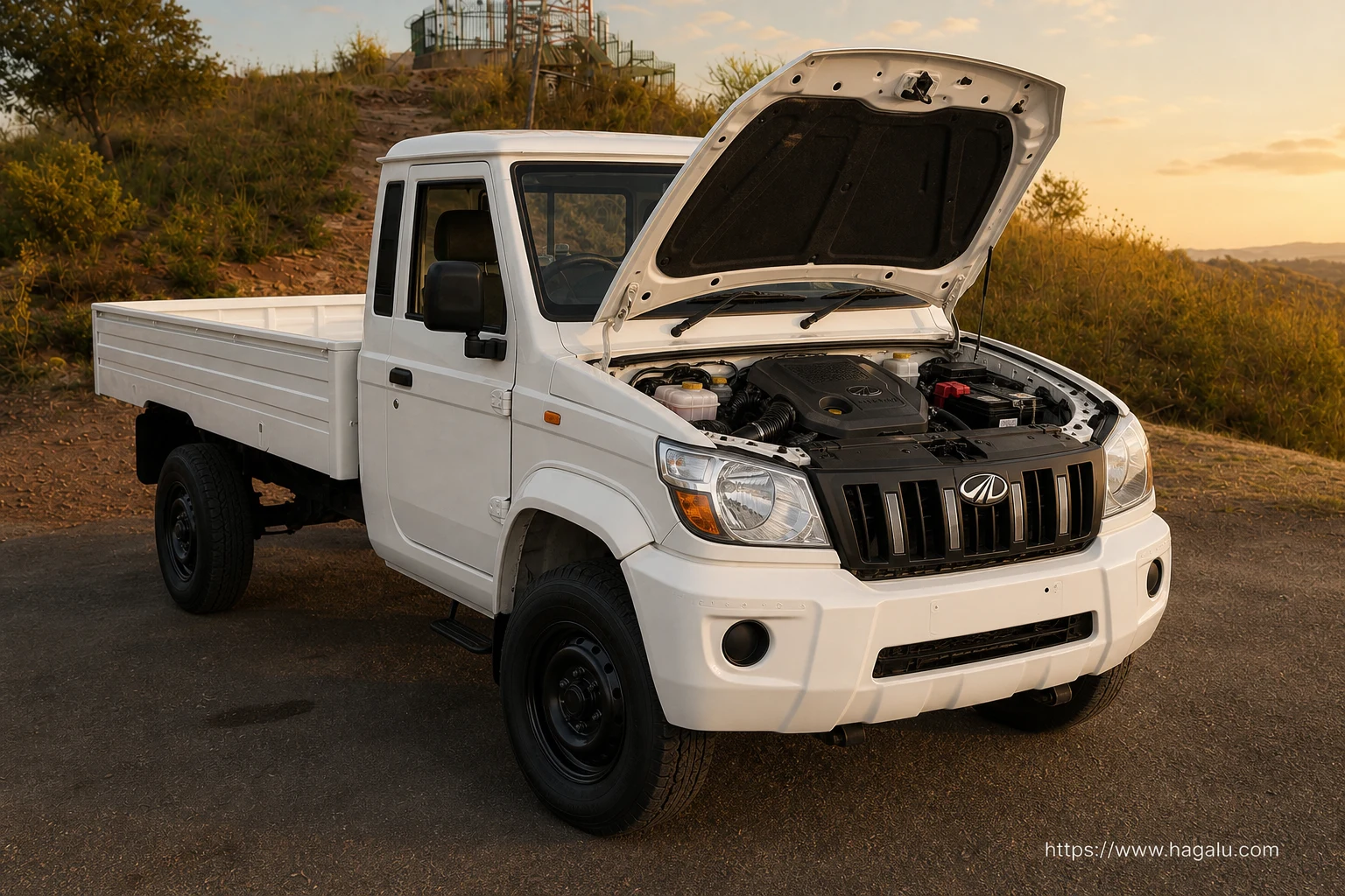 Mahindra Bolero MaXX Pik-Up open bonnet and powertrain bay showing the under-bonnet layout in South Africa