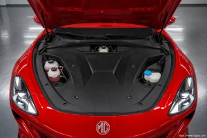Mg Cyberster open bonnet and powertrain bay showing the under-bonnet layout in South Africa