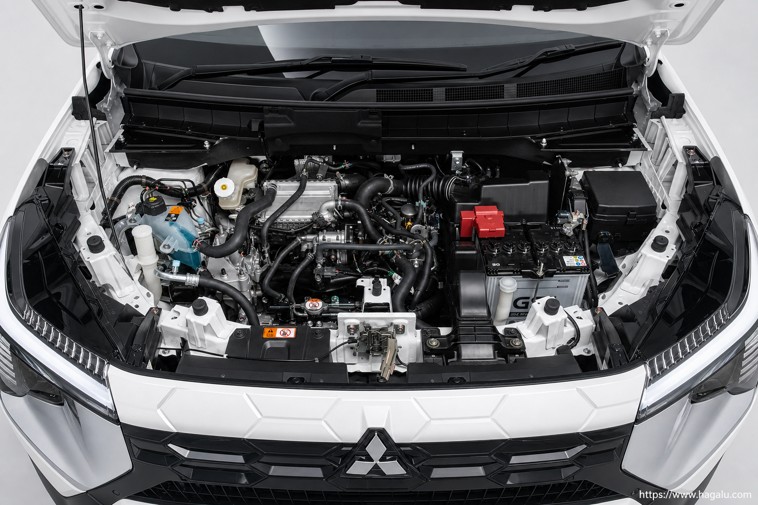 Mitsubishi Destinator open bonnet and powertrain bay showing the under-bonnet layout in South Africa