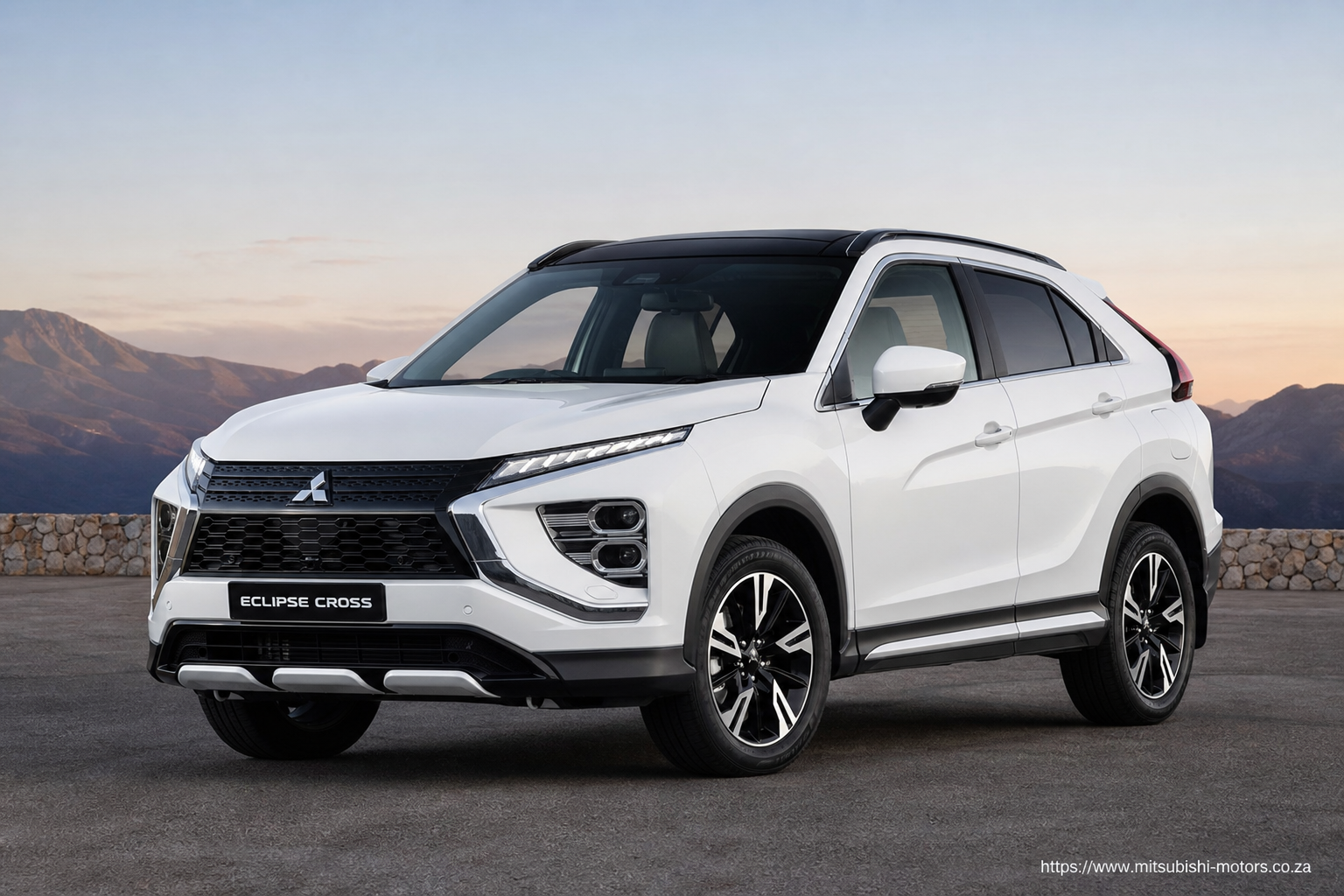 Mitsubishi Eclipse Cross front three-quarter exterior showing the grille, headlights and body design in South Africa
