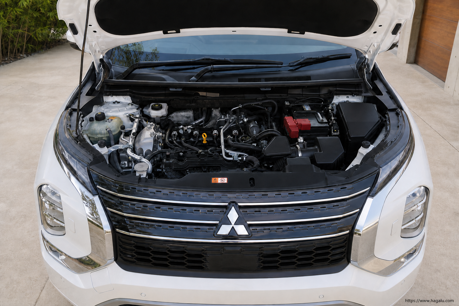 Mitsubishi Outlander open bonnet and powertrain bay showing the under-bonnet layout in South Africa