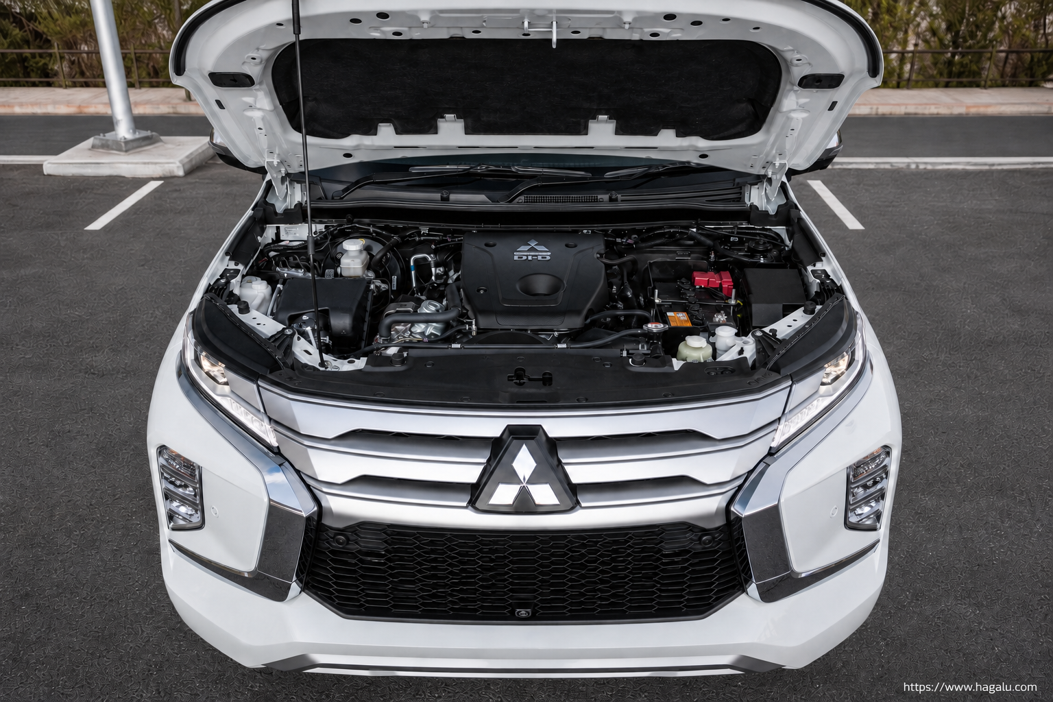 Mitsubishi Pajero Sport open bonnet and powertrain bay showing the under-bonnet layout in South Africa