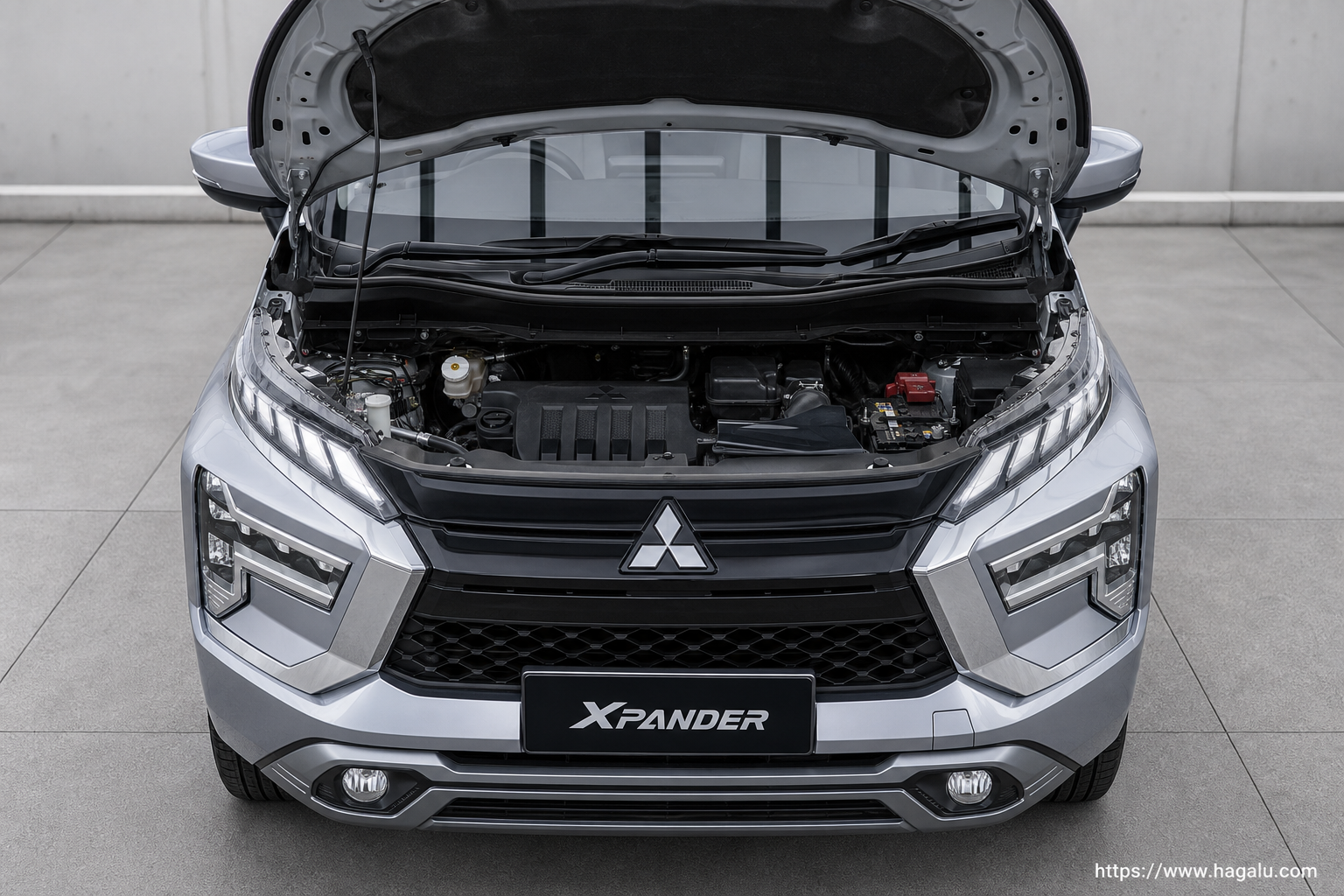 Mitsubishi Xpander open bonnet and powertrain bay showing the under-bonnet layout in South Africa