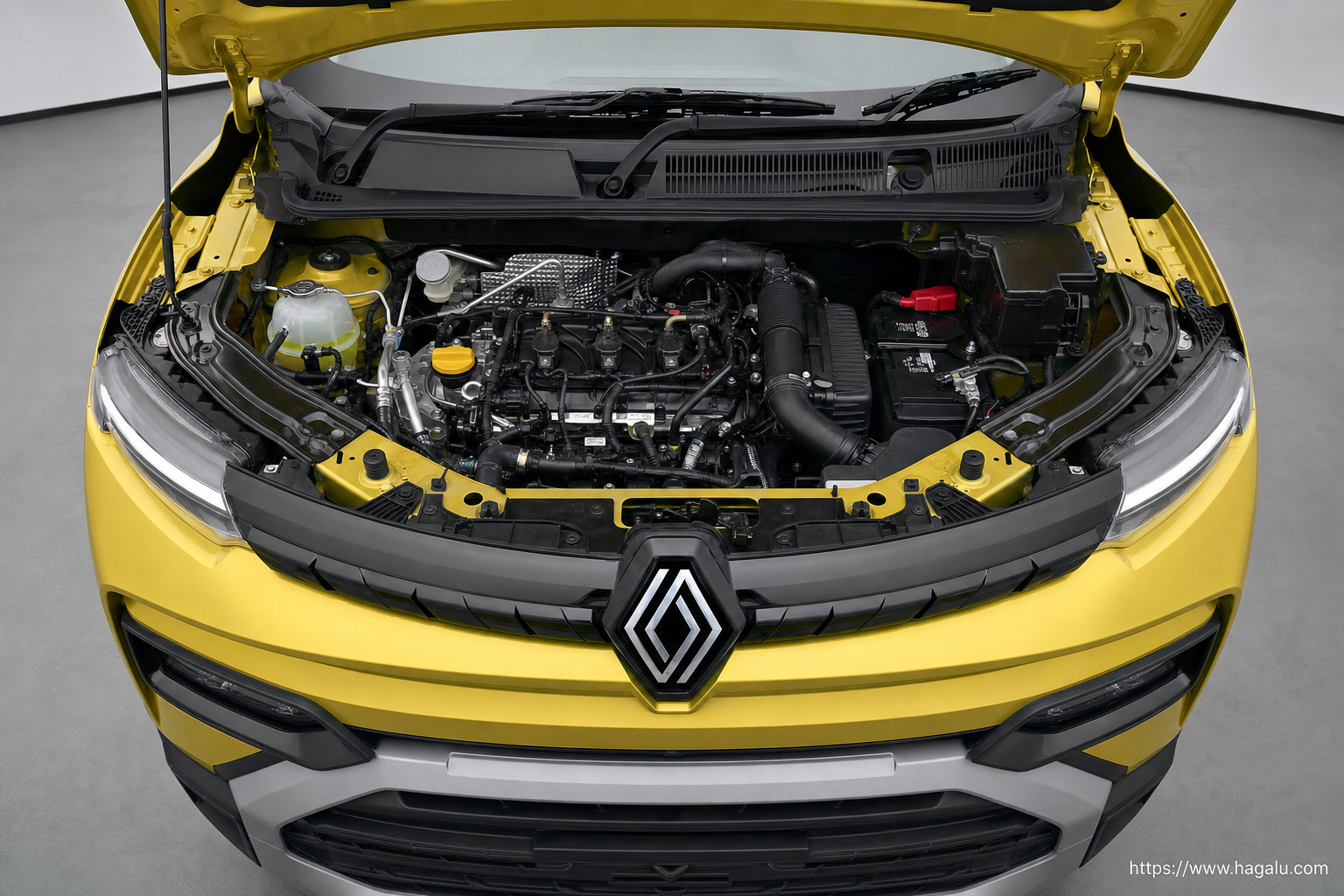 Renault Kiger open bonnet and powertrain bay showing the under-bonnet layout in South Africa