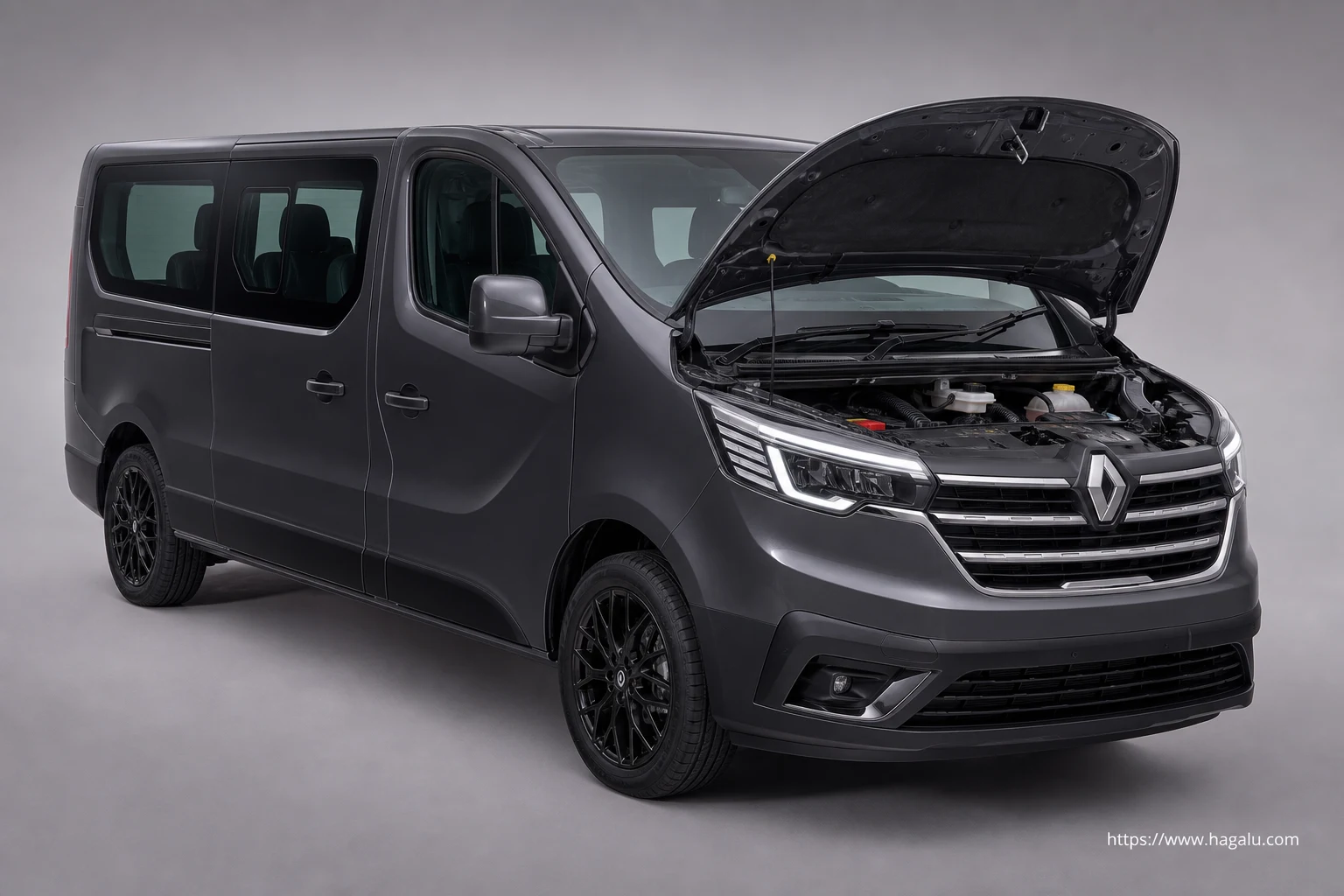 Renault Trafic Passenger open bonnet and powertrain bay showing the under-bonnet layout in South Africa